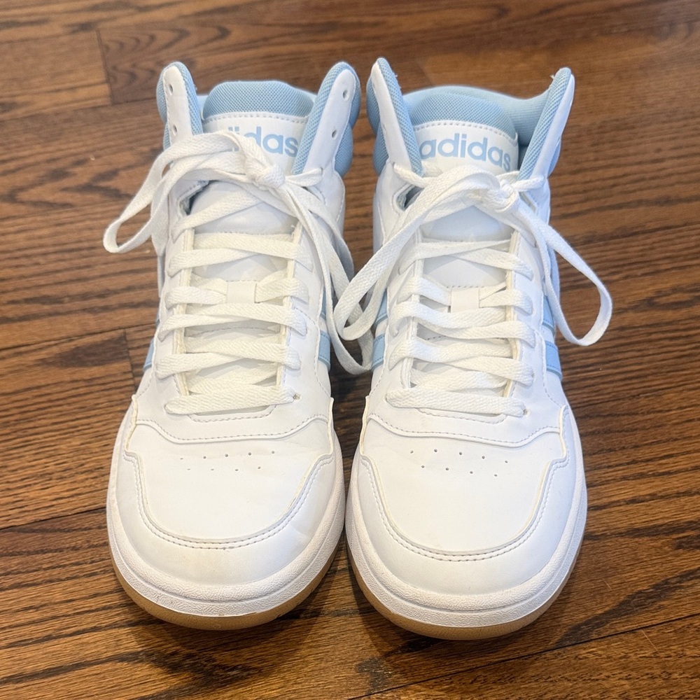 adidas Woman’s  White High-Top Sneakers with Light Blue Trim Size 8.5